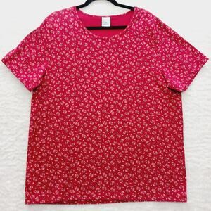 T-Shirt Women Red Ditsy Floral Cottagecore Sweetcore Soft Girl Casual Size 2X